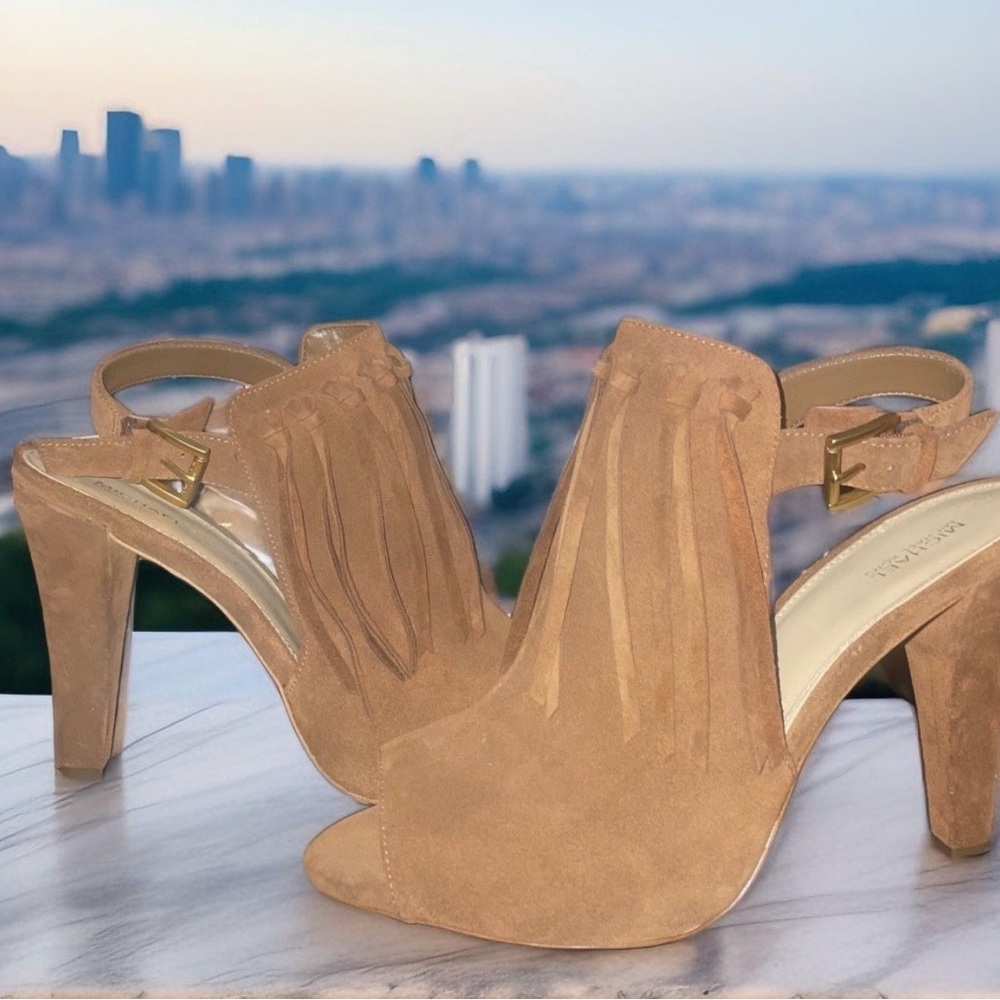 MICHAEL Michael Kors | Kassidy Fringe Suede Tan/Beige Open-Toe Heeled Booties